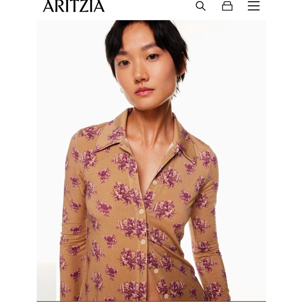 Wilfred Aritzia Pose Longsleeve S Beige Burgundy Floral Tencel Button Up Top